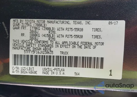 2018 Toyota Tundra Limited 5.7L V8 z USA, uszkodzony, nr VIN 5TFFY5F16JX230635